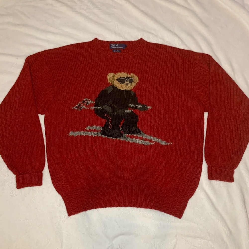 Rare Polo Ralph Lauren Hand Knit Wool Ski Polo Bear 94’ Red Sweater XL